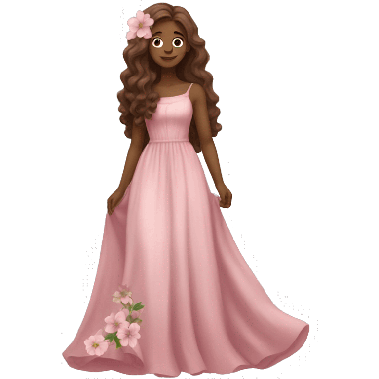 Full body, white skinned princess, wearing a long flowy pink dress, and flowers in her long, slightly wavy, brown hair emoji