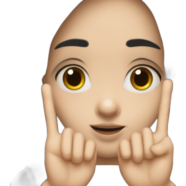 Small white skin black haired girl showing 3 fingers up, 2 closed emoji