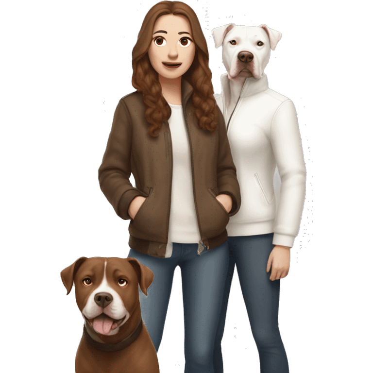 white woman with long brown hair in a furry jacket standing alongside a white pitbull with a brown patch around his eye emoji