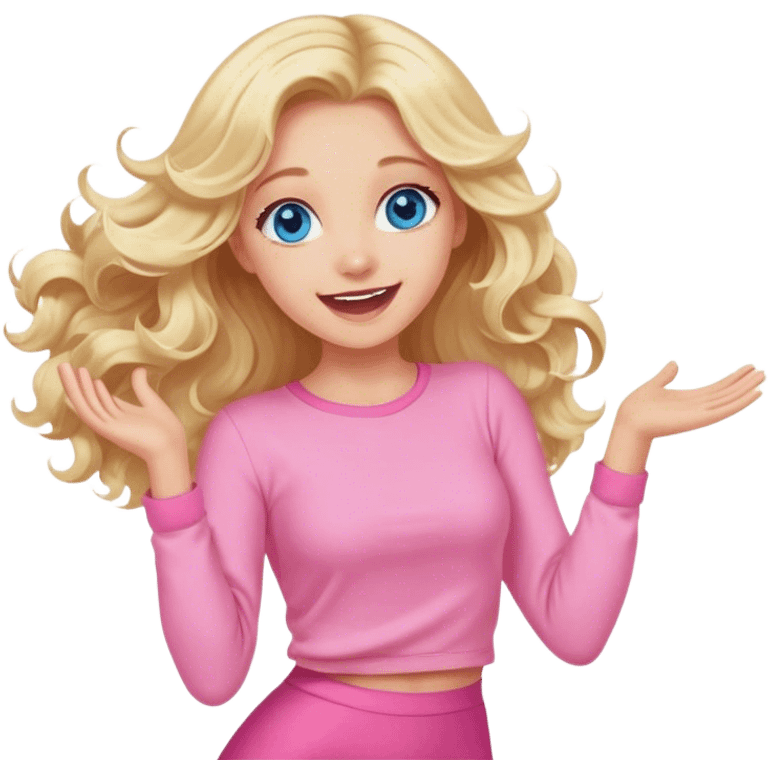 Pretty Blonde with long hair model, blue eyes In pink clothes soft wavy hair, super excited and happy dance emoji