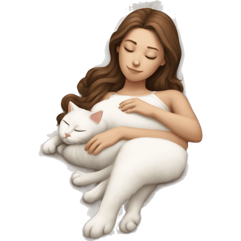 White girl brown hair sleeping with white kitty emoji