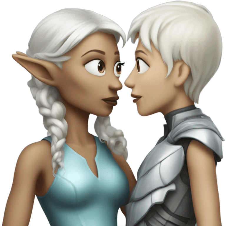 Photo realistic, alien female gray ice blonde hair, kissing and embracing dragon emoji