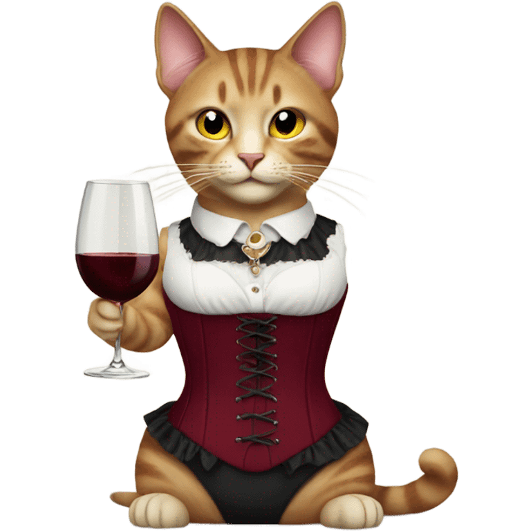 A cat in a burgundy corset with a glass of wine emoji