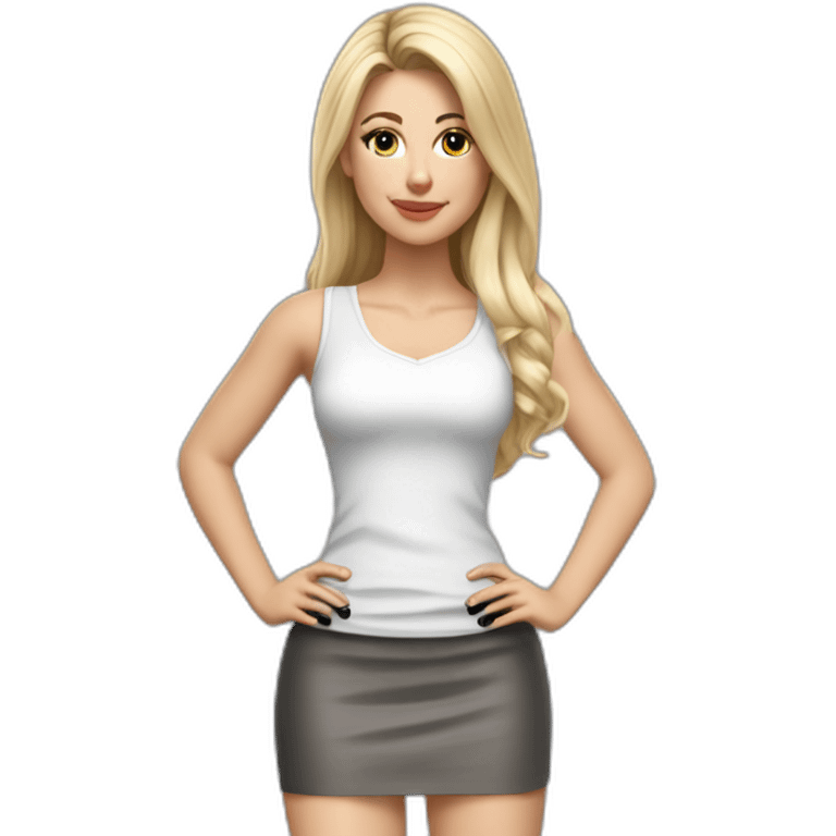 hyperrealistic caucasian long blonde haired brown eyed woman white low cut tank top gray tight mini skirt black high heels full body neutral pose emoji