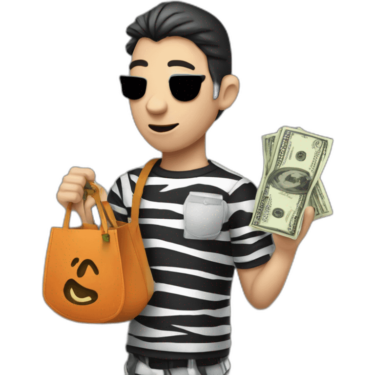 Thief in prison zebra shirt and bag with money emoji