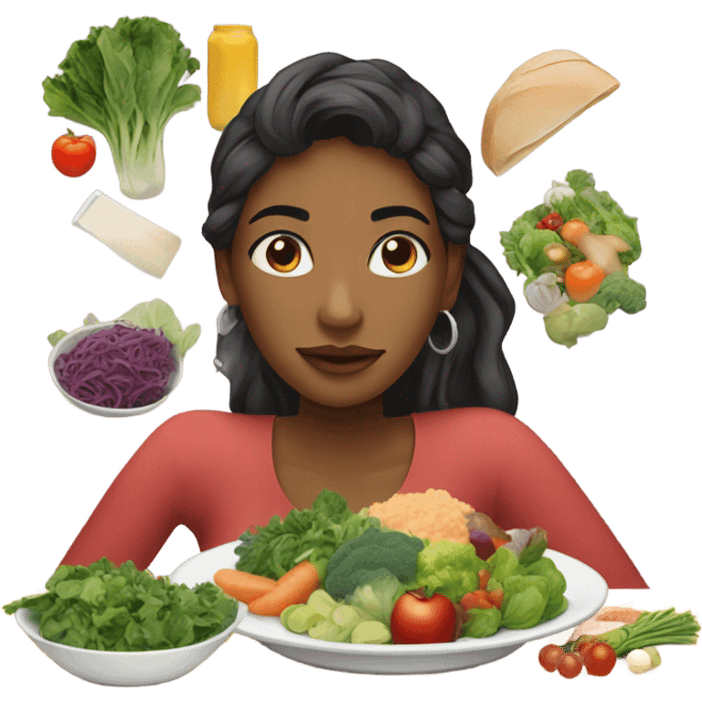 a woman looks at a plate of healthy food emoji