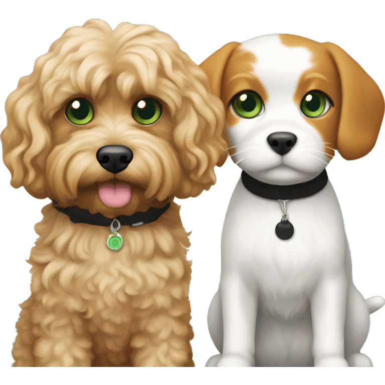 a blond apricot colored cavapoo standing next to a calico cat with a mix of black, orange, and white fur, green eyes emoji