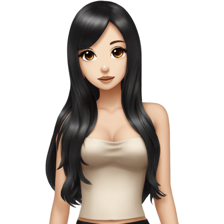 hime gyaru girl with LONG SILKY BLACK HAIR, with black satin halter top with chest, very pale skin and pretty brown monolid eyes emoji