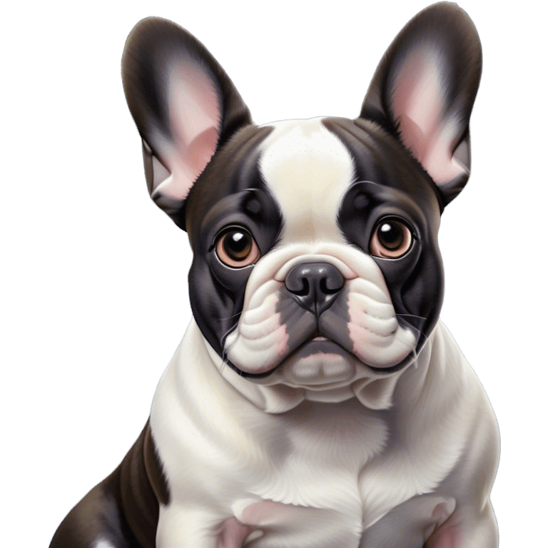 Cinematic Noble Pied French Bulldog Portrait Emoji, Radiating regal yet playful charm, with a distinctive pied fur of contrasting hues and a sculpted, expressive face featuring gentle, wise eyes and a confident stance, simplified yet artistically detailed, glowing with a soft, sophisticated radiance, high shine, exuding intelligent nobility and refined flair, soft glowing outline, capturing the essence of a noble Pied French Bulldog that embodies both strength and grace! emoji