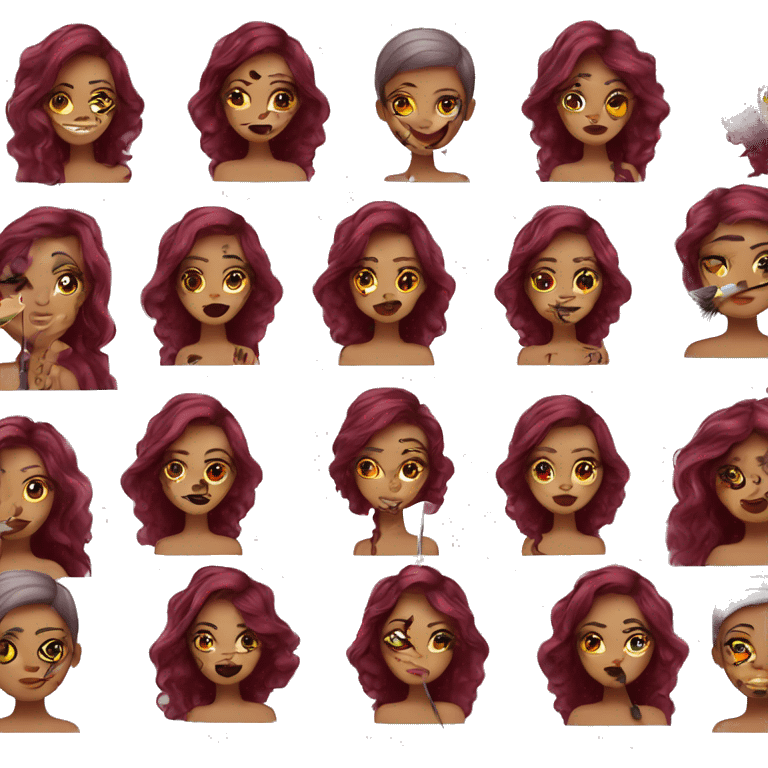 Beautiful tattooed burgundy long haired woman doing her makeup emoji