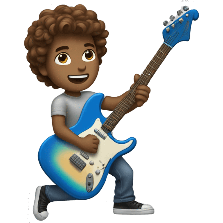 Boy with wavy brown hair and blue eyes surfing while playing electric guitar emoji