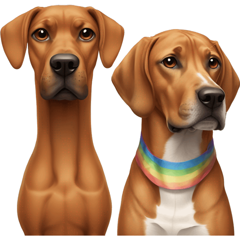 white male with rainbow colored hair and a curled mustache standing alongside a brown rhodesian ridgeback dog emoji