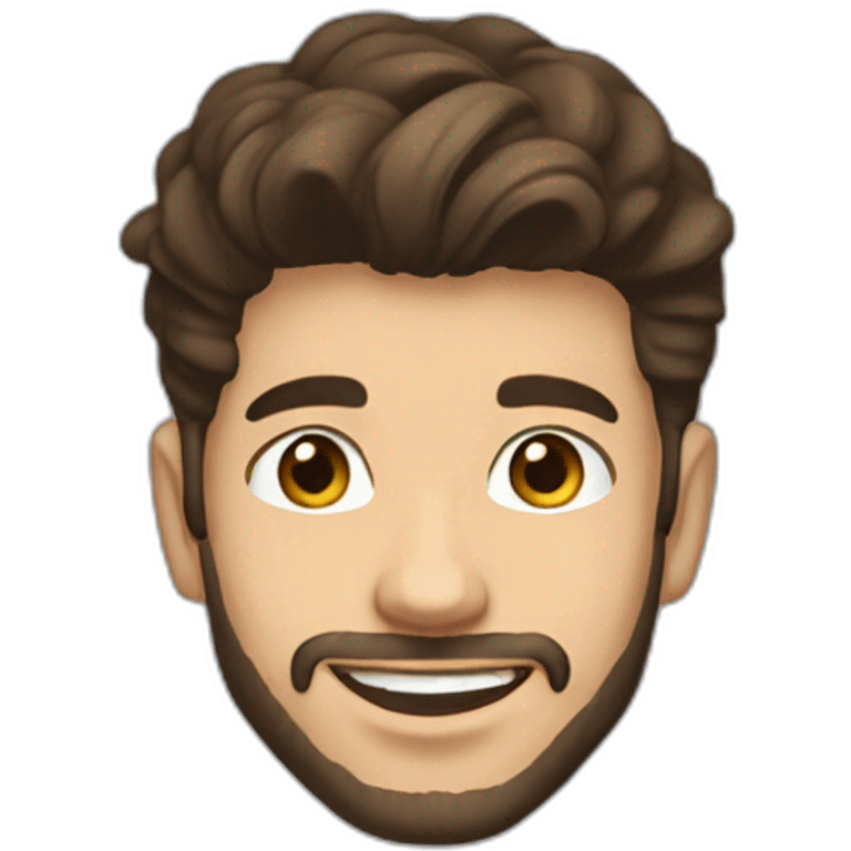 young man with short beard smiling medium long rockabilly style brown hair with light skin and dark brown eyes wearing black sweatshirt hoodie emoji