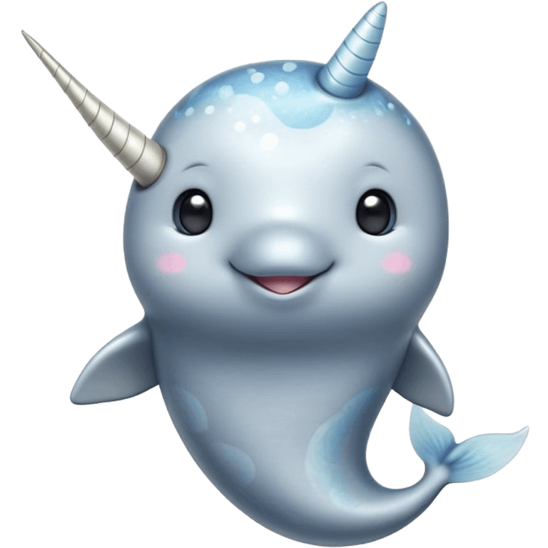 Cinematic Cute Narwhal Portrait Emoji, Head tilted playfully and inquisitively, showcasing a sleek, streamlined body with subtly iridescent, mottled gray skin and a prominently spiraled ivory tusk, complemented by round, sparkling eyes full of gentle wonder, Simplified yet irresistibly adorable features, highly detailed, glowing with a warm, friendly arctic glow, high shine, affectionate and lively, stylized with a touch of whimsical marine charm, soft glowing outline, capturing the essence of a mischievous yet loving narwhal that seems as if it could frolic out of the screen into your heart! emoji