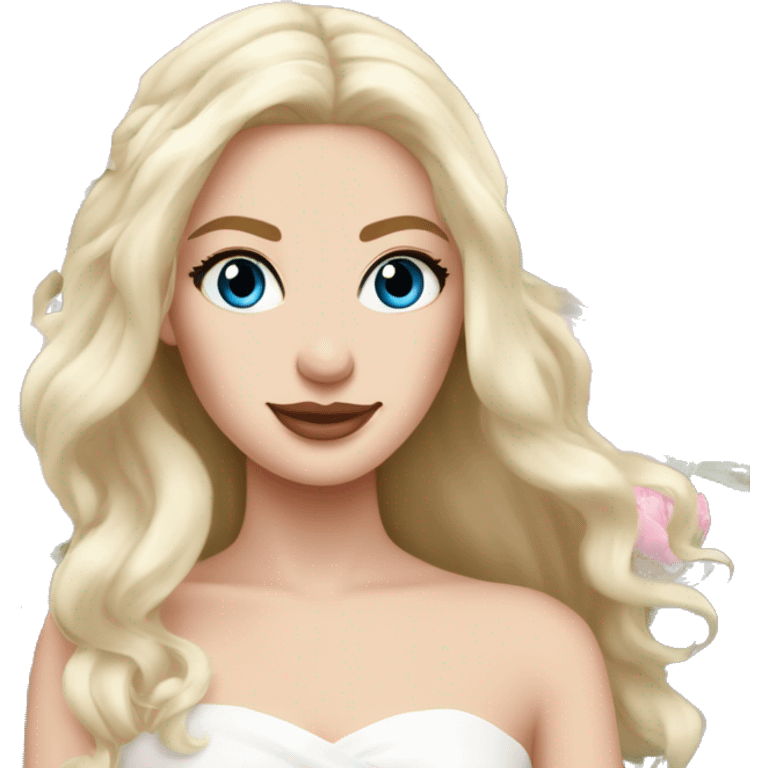 White bride with long light blonde hair and blue eyes with light pink peonies in hair white skin  emoji