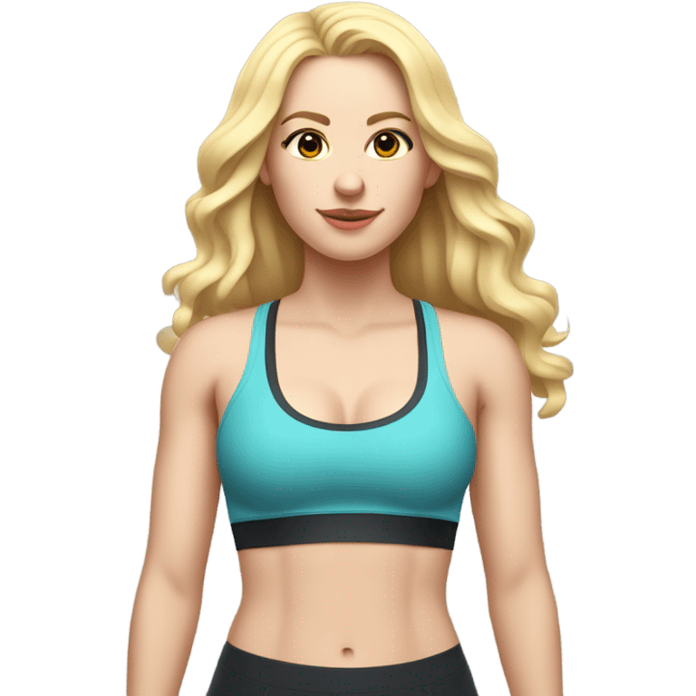 Woman, white skin, pale skin, long hair, blonde hair, wavy hair, standing, sports bra, leggings, measuring tape around waste emoji