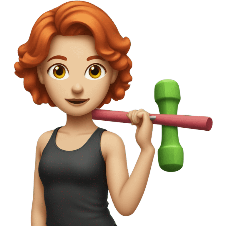 Red headed girl doing a workout with a green drumstick in each hand with the drumsticks crossed in front of her emoji