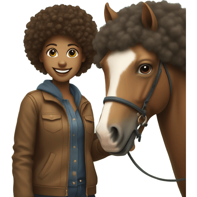 smiling girl with afro hair and horse emoji