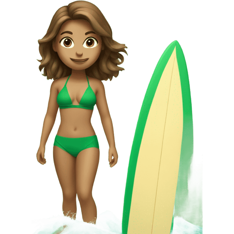 Brown haired girl riding surfboard in green bikini emoji