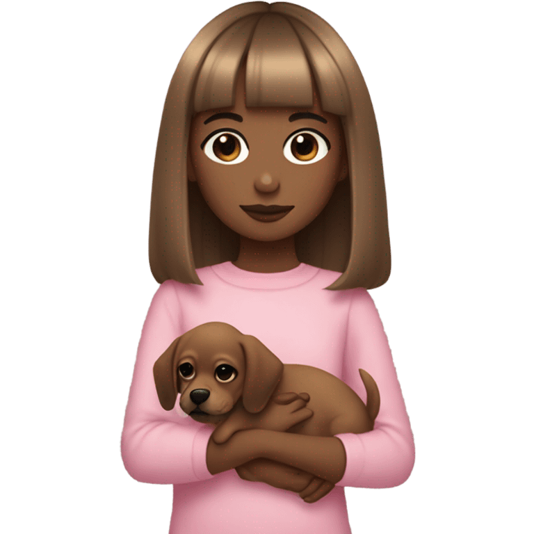 girl with straight light brown hair with a bang a little above her eyebrows holding a black chiguagua puppy, pink aesthetic emoji