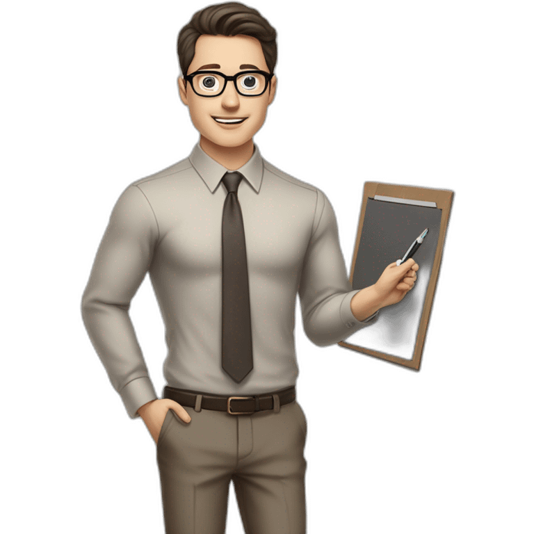 Pale skinned fit man with dark brown hair in gray jacket, beige office shirt, brown tie, brown pants and vintage glasses Writing on the marker board emoji