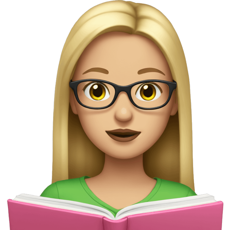 Girl with long blonde hair and rosy lips and green eyes and glasses reading a pink book emoji