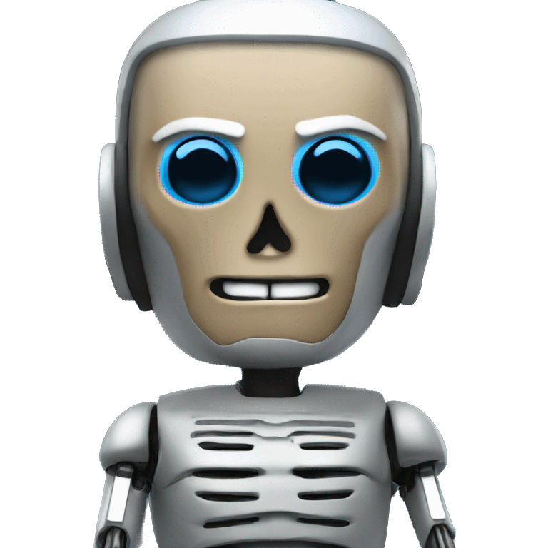 android from movie "terminator" writing code on a blue computer emoji