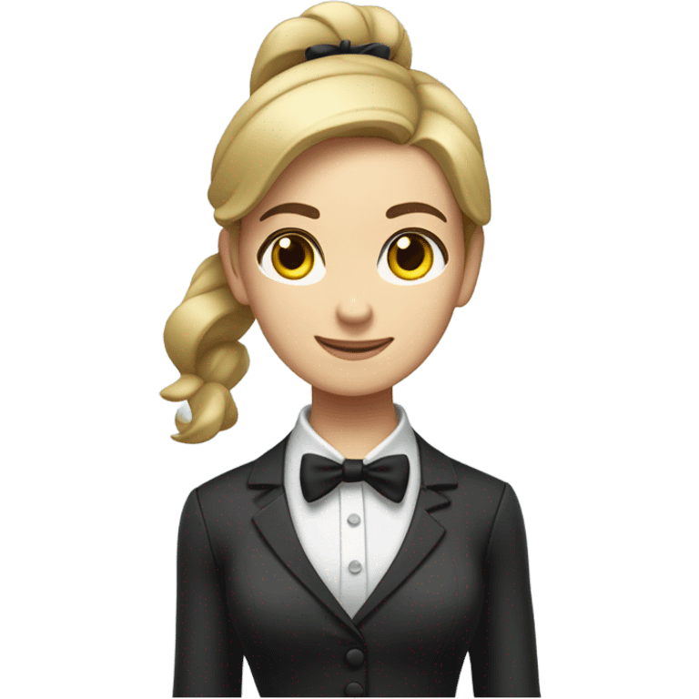 a caucasian female butler with a professional and elegant demeanor. She has her hair neatly tied in a ponytail and wears a classic butler uniform, including a tailored vest, crisp white shirt, and bow tie. emoji