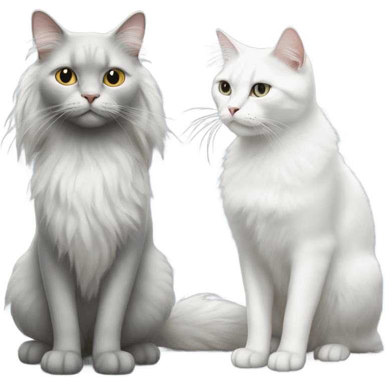 A white cat standing with a long hair grey cat emoji