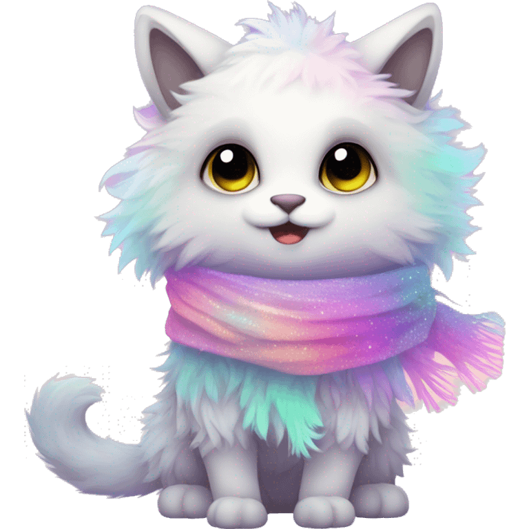 Edgy Kawaii cute gorgeous colorful sparkly bright light pastel gradient fantasy ethereal fluffy fursona animal creature with a cute scarf full body emoji