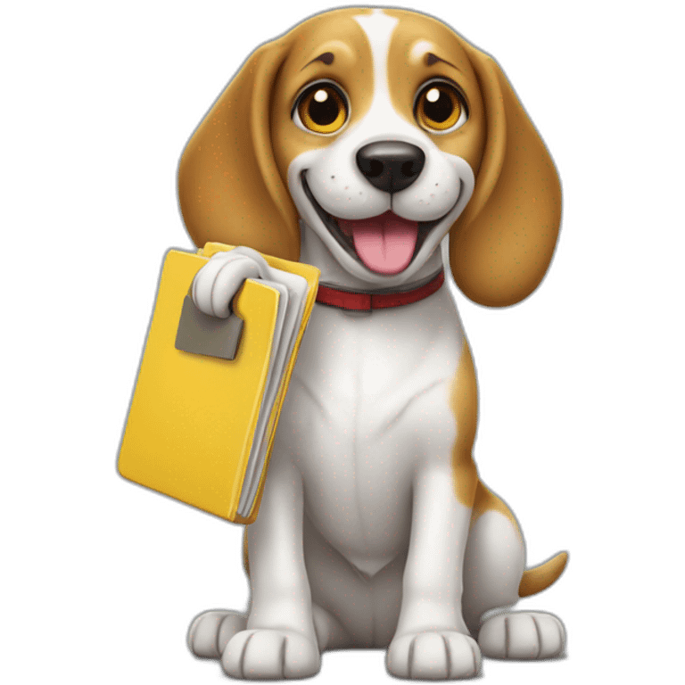 Happy beagle dog with a yellow folder in his hand emoji