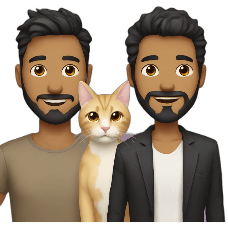 Gay male couple Latino Black hair and beard male and Australian blonde hair male , with a cat in the middle emoji