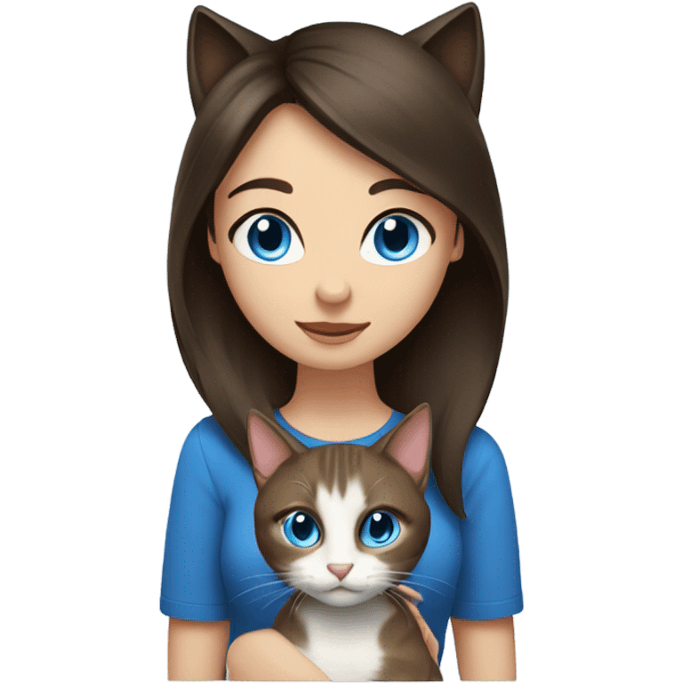 brunette with blue eyes clings to a cat emoji