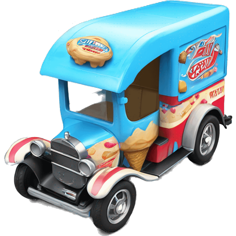 Hot wheels style, ice cream truck from 1917 with wide mag wheels, blue emoji