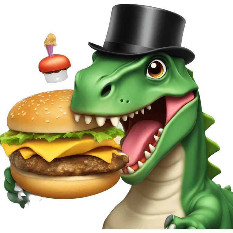 dinosaur wearing a top hat eating a burger emoji