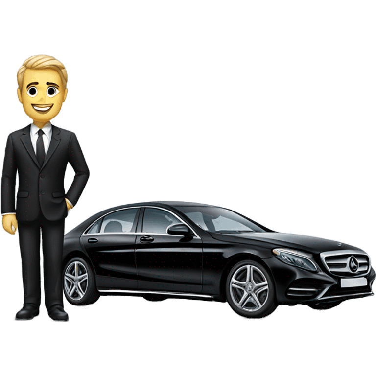 Businessman standing in front of Mercedes emoji