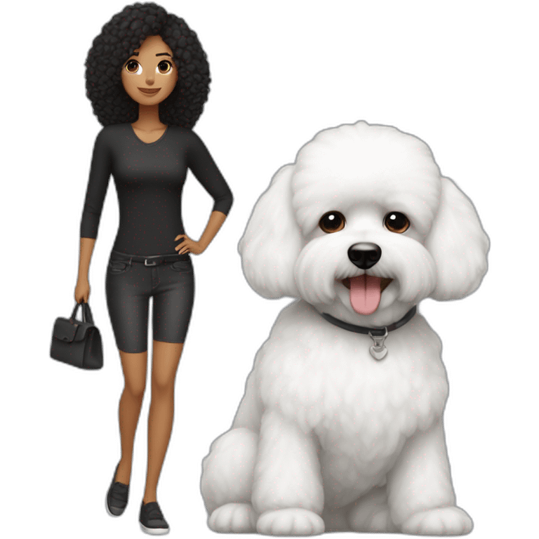 mujer pelo largo negro y perro bichon blanco emoji