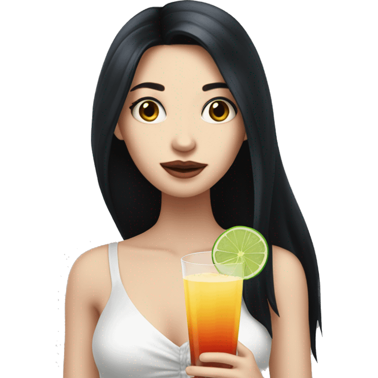 Pale girl with long black hair with chest holding cocktail emoji