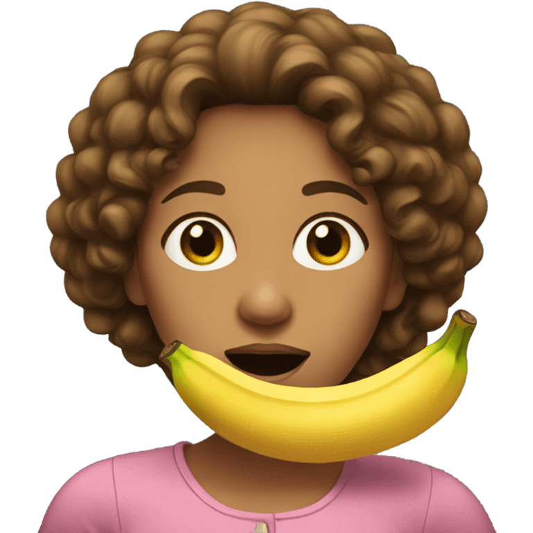 Curly brown hair woman with banana in mouth emoji