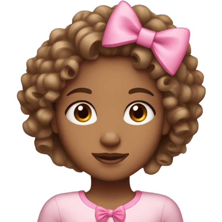 a light skinned brown girl with curly hair pink eyes and a  pink bow emoji