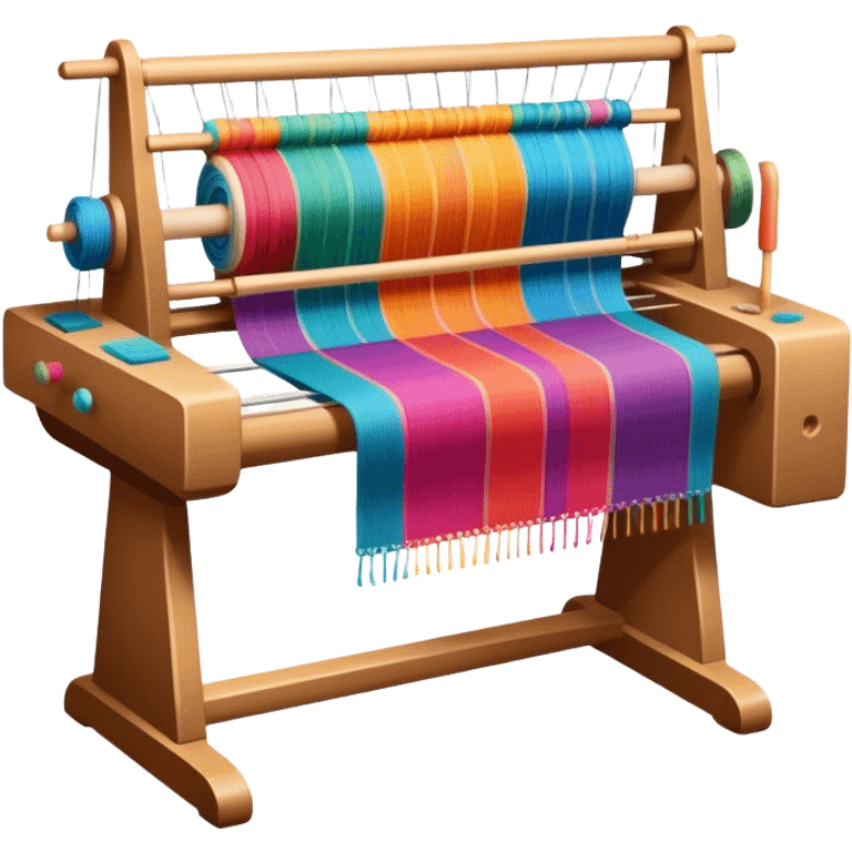 Weaving icon, loom with colorful fabric being woven, visible shuttle, spools of yarn, fabric swatches, sewing patterns, and finished clothing items, minimalistic style, clean lines, transparent background. emoji