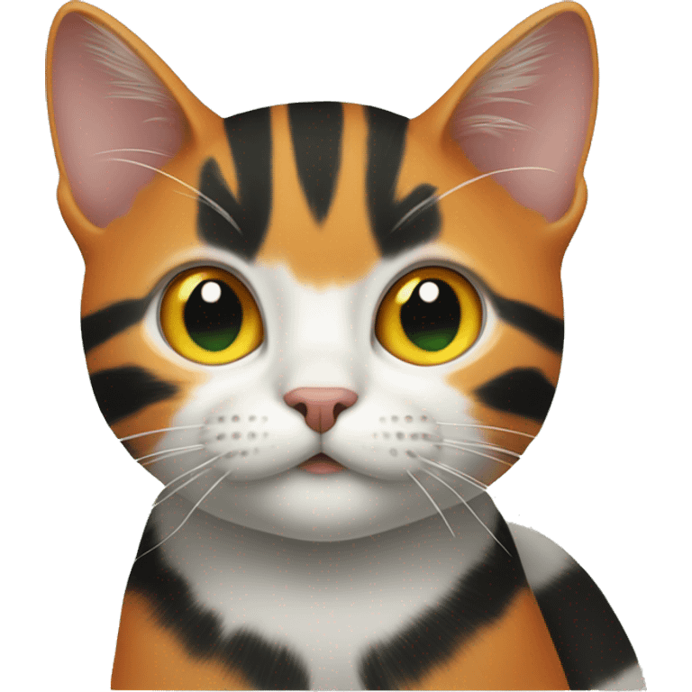 a cat with green eyes and orange, black, and white spots and a cat with orange stripes with yellow eyes.  emoji