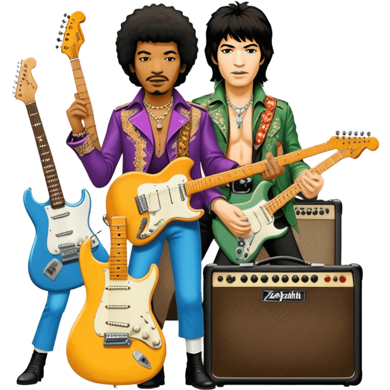 Rock music icon: powerful stage with electric guitars, drums, and amplifiers. Collage of rock icons—Jimi Hendrix, Led Zeppelin, Nirvana, and The Rolling Stones—symbolizing the energy and rebellion of rock. Transparent background. emoji