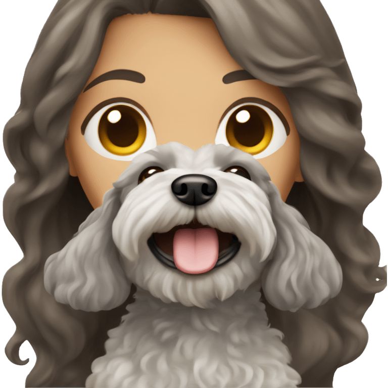 Brunette girl long straight hair, holding a gray maltipoo with a white snout emoji