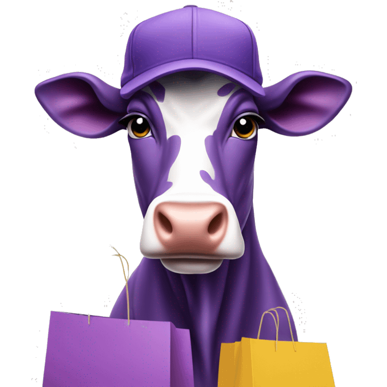 Purple cow in a cap with shopping bags emoji