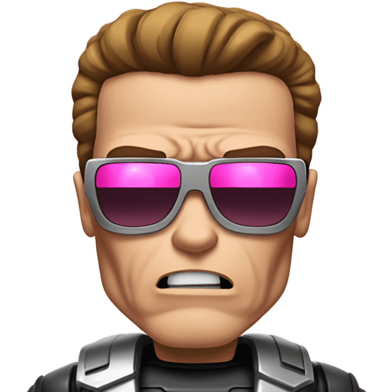 Crying Schwarzenegger-like Terminator, upper body only, wearing his iconic clothes in pink (all clothes must be pink), looking more human with minimal robotic details emoji