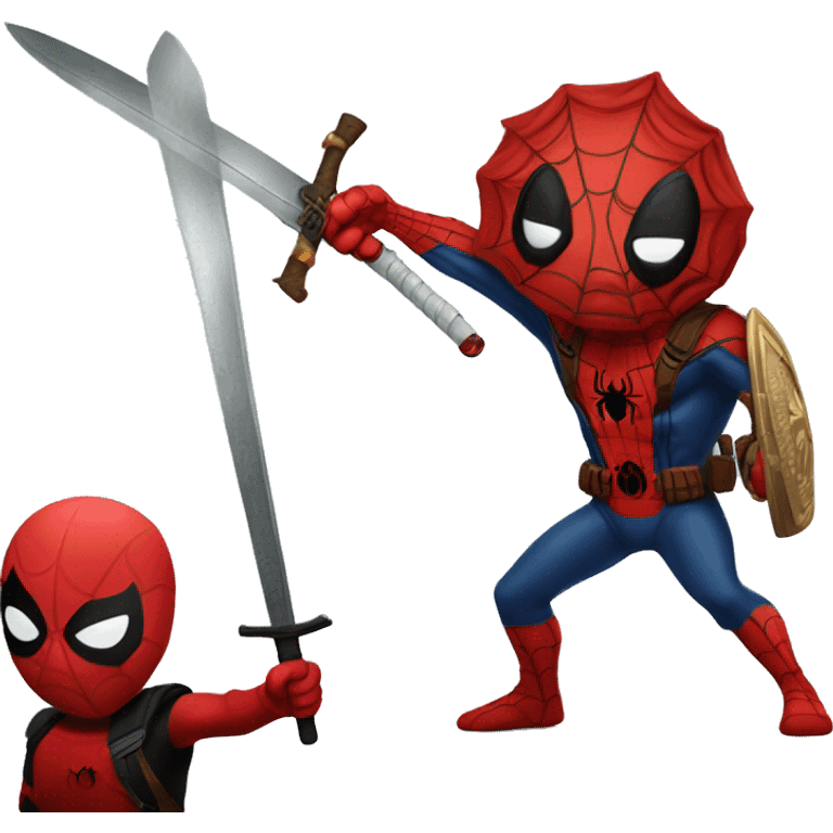 Spider-man with a brave sword playing with Deadpool  emoji