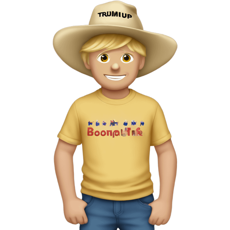 Donald Trump￼￼ with arm around boy with brown hair in a mega hat and Trump T-shirt ￼ emoji