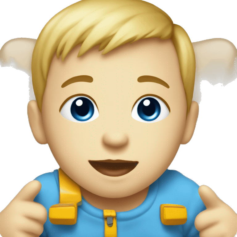 Baby with blue eyes playing with a toy bus emoji