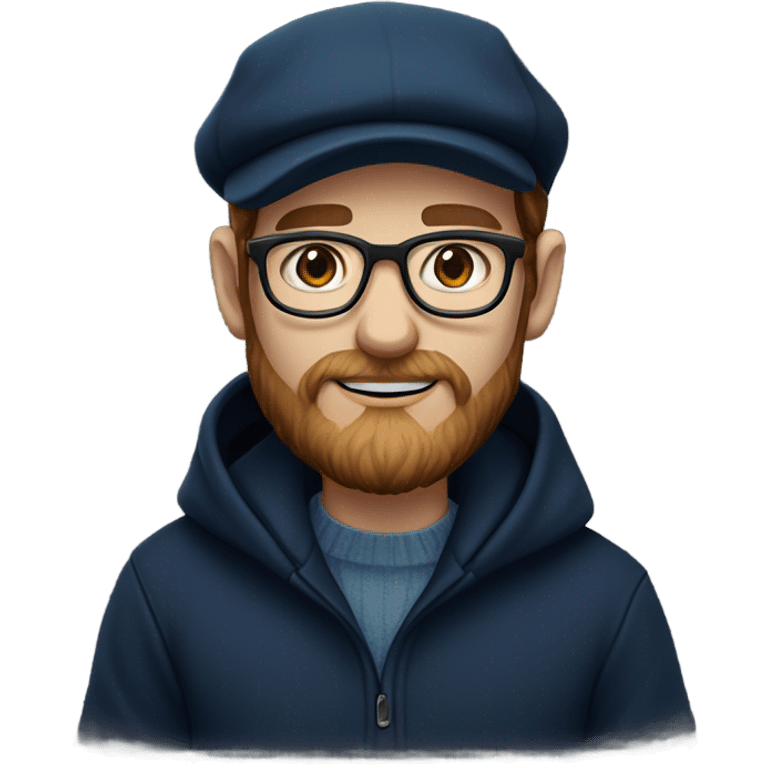 an irish guy with a black newsboy hat in color wearing a navy blue pull over hooded sweater thin frame glasses beard and sideburns blue eyes emoji